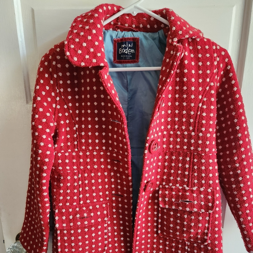 Mini Boden dress coat, red spotted 9 10